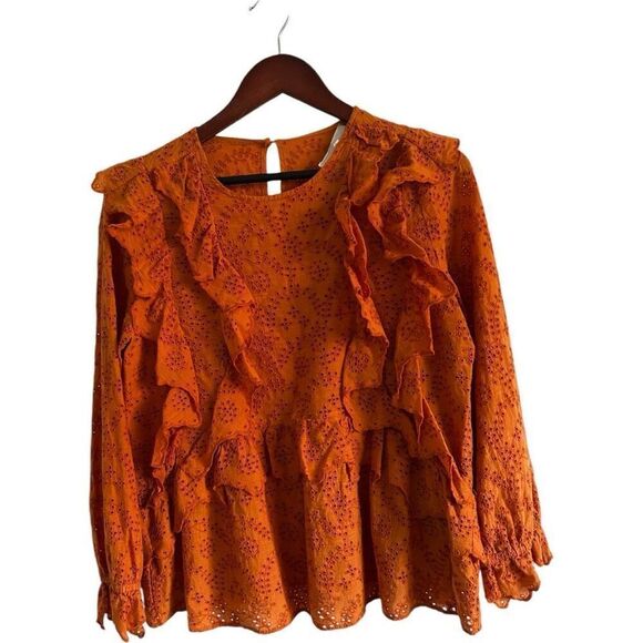 The GREAT. Eyelet Ruffle Flutter 3/4 Sleeve Top  Spice Orange Size 2 M Peasant - Picture 3 of 15